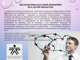 LAS OCUPACIONES QUE PODRÁ DESEMPEÑAR
EN EL SECTOR PRODUCTIVO
EL CAMPO DE ACCIÓN DEL EGRESADO DEL PROGRAMA DE NEGOCIOS INTERNACIONALES ESTARÁ
ENMARCADO EN EL DESARROLLO DE ACTUALES Y NUEVOS MERCADOS INTERNACIONALES, EN LA
PRESTACIÓN DE SERVICIOS Y ASESORÍAS DE NEGOCIOS INTERNACIONALES Y COMERCIO
EXTERIOR, ASÍ COMO EN LA CREACIÓN DE SU PROPIA EMPRESA, EL DESARROLLO DE ALIANZAS EN
EL MUNDO DE LOS NEGOCIOS GLOBALES, Y EN LA EXPLORACIÓN Y OBTENCIÓN DE RECURSOS
INTERNACIONALES PARA LA ORGANIZACIÓN. EN ESTE SENTIDO, EL EGRESADO SE PODRÁ
DESEMPEÑAR EN EMPRESAS QUE SE DEDIQUEN A LOS DIFERENTES PROCESOS DE
IMPORTACIONES Y EXPORTACIONES, ACTIVIDADES PORTUARIAS INTERNACIONALES, DESARROLLO
DE PROYECTOS REGIONALES CON INCIDENCIA INTERNACIONAL, Y EN ENTIDADES PRIVADAS Y
GUBERNAMENTALES QUE PROPENDAN POR EL DESARROLLO INTERNACIONAL DE LA REGIÓN Y DEL
PAÍS
ASISTENTE DE COMERCIO EXTERIOR
ASISTENTE DE IMPORTACIONES Y EXPORTACIONES
ASISTENTE O JEFE DE LOGISTICA
ASISTENTE O JEFE ADUANERO
ASISTENTE O JEFE DE OPERACIONES Y SERVICIOS INTERNACIONALES
 