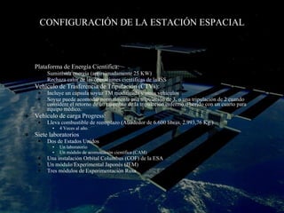 CONFIGURACIÓN DE LA ESTACIÓN ESPACIAL Plataforma de Energía Científica: Suministra energía (aproximadamente 25 KW) Rechaza calor de las operaciones científicas de la ISS Vehículo de Trasferencia de Tripulación (CTVs): Incluye un cápsula soyuz TM modificada y otros vehículos Soyuz puede acomodar normalmente una tripulación de 3, o una tripulación de 2 cuando considere el retorno de un miembro de la tripulación enfermo o herido con un cuarto para equipo médico. Vehículo de carga Progress: Lleva combustible de reemplazo (Alrededor de 6.600 libras, 2.993,76 Kg.)  4 Veces al año. Siete laboratorios Dos de Estados Unidos Un laboratorio Un módulo de acomodación científica (CAM) Una instalación Orbital Columbus (COF) de la ESA Un módulo Experimental Japonés (JEM) Tres módulos de Experimentación Rusa 