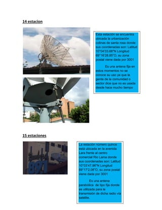 14 estacion
15 estaciones
Esta estación se encuentra
ubicada la urbanización
colinas de santa rosa donde
sus coordenadas son: Latitud
10°04’03.66"N Longitud
69°16‘28.85”O, su zona
postal viene dada por 3001
Es una antena fija en
estos momentos no se
conoce su uso ya que la
gente de la comunidad o
sector dice que no es usada
desde hace mucho tiempo
La estación número quince
está ubicada en la avenida
Lara frente al centro
comercial Rio Lama donde
sus coordenadas son: Latitud
10°03’47.96"N Longitud
69°17‘2.08”O, su zona postal
viene dada por 3001
Es una antena
parabólica de tipo fija donde
es utilizada para la
transmisión de dicha radio vía
satélite.
 