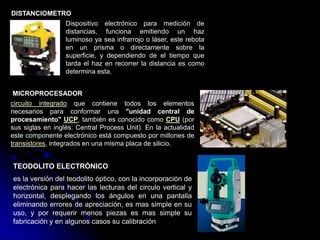 circuito integrado que contiene todos los elementos
necesarios para conformar una "unidad central de
procesamiento" UCP, también es conocido como CPU (por
sus siglas en inglés: Central Process Unit). En la actualidad
este componente electrónico está compuesto por millones de
transistores, integrados en una misma placa de silicio.
Dispositivo electrónico para medición de
distancias, funciona emitiendo un haz
luminoso ya sea infrarrojo o láser, este rebota
en un prisma o directamente sobre la
superficie, y dependiendo de el tiempo que
tarda el haz en recorrer la distancia es como
determina esta.
DISTANCIOMETRO
MICROPROCESADOR
es la versión del teodolito óptico, con la incorporación de
electrónica para hacer las lecturas del circulo vertical y
horizontal, desplegando los ángulos en una pantalla
eliminando errores de apreciación, es mas simple en su
uso, y por requerir menos piezas es mas simple su
fabricación y en algunos casos su calibración
TEODOLITO ELECTRÓNICO
 