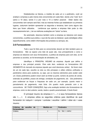 31
Estabelecidos os fatores, a medida de cada um e o parâmetro, você vai
analisar a empresa e pelo menos dois concorrentes em cada fator, dando uma “nota” de 0
(zero) a 10 (dez), sendo 0 a pior nota e 10 a melhor possível. Obter dados dos
concorrentes nem sempre será fácil, mas as mesmas fontes que estabelecem os primeiros
lugares, costumam também apresentar os segundos e terceiros, bem como alguns dos
itens que foram utilizados. Lembre-se que apenas a empresa líder pode (e não
necessariamente tem...) ter as melhores avaliações em “todos” os itens.
Se autorizado, descreva também como a empresa se relaciona com esses
concorrentes, a política que pratica, o que ela faz para se destacar, quais estratégias utiliza
especificamente, como obtém informações dos produtos ou serviços, etc.
2.6 Fornecedores
Tudo o que foi feito para os concorrentes deverá ser feito também para os
fornecedores. Não se espera uma lista de quais são, mas principalmente o como a
empresa se relaciona com seus fornecedores, a política da empresa para com eles, se há
parcerias ou acordos, se há terceirização de atividades, etc.
Identifique o PRINCIPAL INSUMO da empresa. Aquele que define a
empresa e seu principal produto. Para este item, evidencie os fornecedores DO
SEGMENTO do mercado da empresa (aquele que você descreveu antes). Se forem mais
de um de cada tipo, escolha os dois ou três principais e utilize critérios unificados e
parâmetros claros para avalia-los, ou seja, use os mesmos elementos para avaliar cada
um. Esses parâmetros podem incluir (sem se limitar a) porte, número de pontos de venda,
extensão do portifólio, prazos de entrega, condições de pagamento, etc. Use parâmetros
para evidenciar as forças e fraquezas de cada um, por exemplo, quanto maior o
parcelamento de pagamento, mais forte. Um quadro muito parecido com o de
concorrência. SE TIVER CONDIÇÕES, faça uma avaliação também dos fornecedores da
empresa, como no item anterior; senão, basta o quadro parametrizado. O texto ficará
O principal insumo da empresa é <.....> e seus fornecedores típicos
são <......>. A empresa utiliza os seguintes critérios para identificar de qual
fornecedor irá <adquirir / comprar / contratar / escolher / definir / obter etc > esse
insumo:
Critérios de escolha de
fornecedores
Medido em Parâmetro
Critério x Ex: Qto +, melhor
 