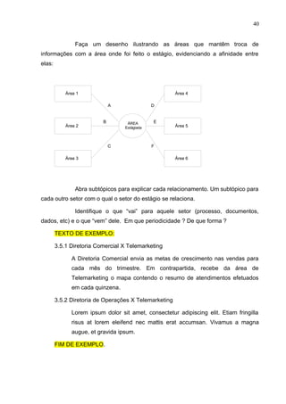 40
Faça um desenho ilustrando as áreas que mantêm troca de
informações com a área onde foi feito o estágio, evidenciando a afinidade entre
elas:
Abra subtópicos para explicar cada relacionamento. Um subtópico para
cada outro setor com o qual o setor do estágio se relaciona.
Identifique o que “vai” para aquele setor (processo, documentos,
dados, etc) e o que “vem” dele. Em que periodicidade ? De que forma ?
TEXTO DE EXEMPLO:
3.5.1 Diretoria Comercial X Telemarketing
A Diretoria Comercial envia as metas de crescimento nas vendas para
cada mês do trimestre. Em contrapartida, recebe da área de
Telemarketing o mapa contendo o resumo de atendimentos efetuados
em cada quinzena.
3.5.2 Diretoria de Operações X Telemarketing
Lorem ipsum dolor sit amet, consectetur adipiscing elit. Etiam fringilla
risus at lorem eleifend nec mattis erat accumsan. Vivamus a magna
augue, et gravida ipsum.
FIM DE EXEMPLO.
Área 1
Área 2
Área 6
Área 4
Área 3
Área 5
ÁREA
Estágiada
A
F
D
E
C
B
 