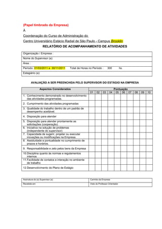 (Papel timbrado da Empresa)
À
Coordenação do Curso de Administração do
Centro Universitário Estácio Radial de São Paulo - Campus Brooklin
RELATÓRIO DE ACOMPANHAMENTO DE ATIVIDADES
Organização / Empresa :
Nome do Supervisor (a):
Área :
Período: 01/03/2011 a 30/11/2011 Total de Horas no Período : 300 hs.
Estagiário (a):
AVALIAÇÃO A SER PREENCHIDA PELO SUPERVISOR DO ESTÁGIO NA EMPRESA
Aspectos Considerados Pontuação
01 02 03 04 05 06 07 08 09 10
1. Conhecimento demonstrado no desenvolvimento
das atividades programadas.
2. Cumprimento das atividades programadas
3. Qualidade do trabalho dentro de um padrão de
desempenho aceitável.
4. Disposição para atender
5. Disposição para atender prontamente as
solicitações (cooperação)
6. Iniciativa na solução de problemas
(independente do supervisor)
7. Capacidade de sugerir, projetar ou executar
inovações ou modificações na Empresa.
8. Assiduidade e pontualidade no cumprimento de
prazos e horários.
9. Responsabilidade e zelo pelos bens da Empresa
10.Disciplina quanto às normas e regulamentos
internos
11.Facilidade de contatos e interação no ambiente
de trabalho
12.Desenvolvimento do Plano de Estágio
Assinatura do (a) Supervisor (a) Carimbo da Empresa
Recebido em Visto do Professor Orientador
 