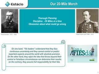 Our 20-Mile March
3
Roald Amudsen (1872 – 1928) Robert Falcon Scott (1868 – 1912)
Thorough Planning
Discipline –20 Miles at a time
Obsession about what could go wrong
On one hand, "10x leaders" understand that they face
continuous uncertainty and they cannot control or predict
important aspects around the world with absolute precision.
On the other hand, they reject the idea that forces beyond their
control or fortuitous circumstances can determine their results;
on the contrary, they assume full responsibility for their fate.
 