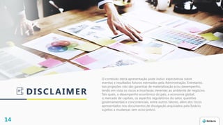 DISCLAIMER
O conteúdo desta apresentação pode incluir expectativas sobre
eventos e resultados futuros estimados pela Administração. Entretanto,
tais projeções não são garantias de materialização e/ou desempenho,
tendo em vista os riscos e incertezas inerentes ao ambiente de negócios.
Tais quais, o desempenho econômico do país, a economia global,
o mercado de capitais, os aspectos regulatórios do setor, questões
governamentais e concorrenciais, entre outros fatores, além dos riscos
apresentados nos documentos de divulgação arquivados pela Estácio,
sujeitos a mudanças sem aviso prévio.
14
 