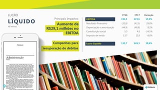 Campanhas para
recuperação de débitos
EBITIDA 194,5 223,6 15,0%
Resultado financeiro (32,8) (42,3) 29,0%
Depreciação e amortização (44,9) (48,6) 8,2%
Contribuição social 5,3 4,0 -24,5%
Imposto de renda 13,7 12,6 -8,0%
Lucro Líquido 135,7 149,3 10,0%
LÍQUIDO
LUCRO
R$ Milhões
3T16 3T17 Variação
9
Principais Impactos:
Aumento de
R$29,1 milhões no
EBITDA
 