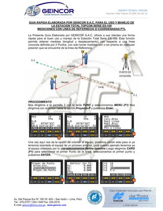 SOPORTE TÉCNICO_TOPCON 
 Estación Total Topcon ES‐100_Ver.01‐12 
 
 
Av. Del Parque Sur N° 185 Of. 405 – San Isidro – Lima, Perú
Tel.: 475-2727 / 224-1348 Fax: 224-2516
E-mail: geincor@terra.com.pe   www.geincor.com 
GUIA RAPIDA ELABORADA POR GEINCOR S.A.C. PARA EL USO Y MANEJO DE
LA ESTACION TOTAL TOPCON SERIE ES-100
MEDICIONES CON LINEA DE REFERNECIA O COORDENADAS PTL
La Presente Guía Elaborada por GEINCOR S.A.C. ofrece a sus clientes una forma
rápida para el buen uso y manejo de la Estación Total Serie ES-100, Esta función
permite obtener medidas (longitud y desplazamiento) con respecto a una línea
conocida definida por 2 Puntos, con solo tomar medidas con o sin prisma en cualquier
posición que se encuentre de la línea de Referencia.
PROCEDIMIENTO
Nos dirigimos a la pantalla 2 con la tecla FUNC y seleccionamos MENU (F1) Nos
dirigimos con el cursor hasta la opción Proyecto-P y pulsamos Enter.
Una vez aquí nos da la opción de orientar el equipo, podemos obviar este paso si ya
tenemos orientado el equipo de un proceso anterior, para nuestro ejemplo tenemos ya
el equipo orientado por lo que seleccionamos Define baseline Luego elegimos CARG
(F1) para seleccionar el primer Punto de la línea, seleccionamos el primer punto y
pulsamos ENTER.
Crd  14
Crd  15 
Crd  E‐1         . 
Crd  E‐2 
F1 F2 F3  F4 
ESC B.S.  SHIFT  FUNC 
1RO  ULTIM  BUSC 
 Definir 1er Pt.
Yp:        0.000 
Xp:        0.000 
Zp:        0.000 
PTO1 
 
F1 F2 F3 F4
ESC B.S. SHIFT FUNC
CARG REG MED OK
Proyec de Punto 
 Orien.Est. 
 Define baseline 
 Proyec.de.Punto 
F1  F2  F3  F4 
ESC  B.S.  SHIFT  FUNC 
MER
 Calc.Area 
 Repl Linea 
 Repl Arco 
 Proyecto‐P 
 Pto a Linea 
F1 F2 F3  F4 
ESC B.S.  SHIFT  FUNC 
MED        CP     0
           PPm    0
G‐0 
AZ    99°07’03” 
HA‐D 153°22’07”  P2
 
F1 F2 F3 F4
ESC B.S. SHIFT FUNC
MENU COMP ANG‐H EDM
MED        CP     0 
           PPm    0 
G‐0 
AZ    99°07’03” 
HA‐D 153°22’07”  P1 
 
F1  F2  F3  F4 
ESC  B.S.  SHIFT  FUNC 
MED  GHV  AZ‐0  COORD 
PUNTO DE 
ESTACIÓN 
+Desplz
E‐1
‐Desplz
E‐2 
ENT
ENTENT 
Long
Long
 
