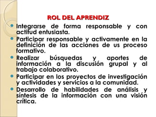 ROL DEL APRENDIZROL DEL APRENDIZ
 Integrarse de forma responsable y con
actitud entusiasta.
 Participar responsable y activamente en la
definición de las acciones de us proceso
formativo.
 Realizar búsquedas y aportes de
información a la discusión grupal y al
trabajo colaborativo.
 Participar en los proyectos de investigación
y actividades y servicios a la comunidad.
 Desarrollo de habilidades de análisis y
síntesis de la información con una visión
crítica.
 