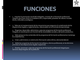  1. Impulsar la promoción social del trabajador, a través de su formación profesional
integral, para hacer de él un ciudadano útil y responsable, poseedor de valores morales
éticos, culturales y ecológicos.
 2, Velar por el mantenimiento de los mecanismos que aseguren el cumplimiento de las
disposiciones legales y reglamentarias, relacionadas con el contrato de aprendizaje.
3. Organizar, desarrollar, administrar y ejecutar programas de formación profesional
integral, en coordinación y en función de las necesidades sociales y del sector productivo.
4. Velar porque en los contenidos de los programas de formación profesional se mantenga
la unidad técnica.
5. Crear y administrar un sistema de información sobre oferta y demanda laboral.
6. Adelantar programas de formación tecnológica y técnica profesional, en los términos
previstos en las disposiciones legales respectivas.
7. Diseñar, promover y ejecutar programas de formación profesional integral para
sectores desprotegidos de la población.
 
