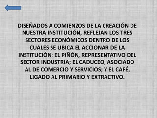 DISEÑADOS A COMIENZOS DE LA CREACIÓN DE
NUESTRA INSTITUCIÓN, REFLEJAN LOS TRES
SECTORES ECONÓMICOS DENTRO DE LOS
CUALES SE UBICA EL ACCIONAR DE LA
INSTITUCIÓN: EL PIÑÓN, REPRESENTATIVO DEL
SECTOR INDUSTRIA; EL CADUCEO, ASOCIADO
AL DE COMERCIO Y SERVICIOS; Y EL CAFÉ,
LIGADO AL PRIMARIO Y EXTRACTIVO.
 