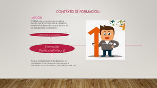 CONTEXTO DE FORMACION
MISIÓN
El SENA esta encargado de cumplir la
función que le corresponde al estado de
invertir en el desarrollo social y técnico de
los trabajadores colombianos.
Formación
Profesional Integral
Para la incorporación de las personas en
actividades productivas que contribuyan al
desarrollo social, económico y tecnológico del país.
Ofreciendo y ejecutando
 