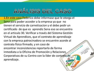 1.En este caso Federico debe informase que le otorga el
Sena para poder acceder a la empresa ya que no
tienen el servicio de carnetisacion y el debe pedir un
certificado de que es aprendiz Sena eso se encuentra
en el articulo 30. Verificar a través del Sistema Gestión
Virtual de Aprendices, que el contrato de aprendizaje
con la empresa patrocinadora se encuentre acorde al
contrato físico firmado, y en caso de
encontrar inconsistencias reportarlo de forma
inmediata a la Oficina de Promoción y Relaciones
Corporativas de su Centro con la líder de contrato de
aprendizaje.
 