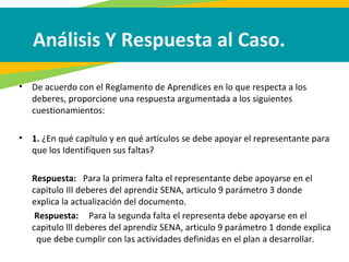Análisis Y Respuesta al Caso.
• De acuerdo con el Reglamento de Aprendices en lo que respecta a los
deberes, proporcione una respuesta argumentada a los siguientes
cuestionamientos:
• 1. ¿En qué capítulo y en qué artículos se debe apoyar el representante para
que los Identifiquen sus faltas?
Respuesta: Para la primera falta el representante debe apoyarse en el
capitulo III deberes del aprendiz SENA, articulo 9 parámetro 3 donde
explica la actualización del documento.
Respuesta: Para la segunda falta el representa debe apoyarse en el
capitulo lll deberes del aprendiz SENA, articulo 9 parámetro 1 donde explica
que debe cumplir con las actividades definidas en el plan a desarrollar.
 