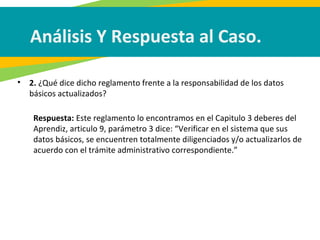 Análisis Y Respuesta al Caso.
• 2. ¿Qué dice dicho reglamento frente a la responsabilidad de los datos
básicos actualizados?
Respuesta: Este reglamento lo encontramos en el Capitulo 3 deberes del
Aprendiz, articulo 9, parámetro 3 dice: “Verificar en el sistema que sus
datos básicos, se encuentren totalmente diligenciados y/o actualizarlos de
acuerdo con el trámite administrativo correspondiente.”
 