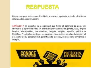 Pienso que para este caso a Nicolás lo ampara el siguiente articulo y los ítems
relacionados a continuación:
ARTÍCULO 7. El derecho es la potestad que tiene el aprendiz de gozar de
libertades y oportunidades sin exclusión por razones de género, raza, origen
familiar, discapacidad, nacionalidad, lengua, religión, opinión política o
filosófica. Principalmente todas las personas tienen derecho a la educación y al
desarrollo de su personalidad, garantizando a su vez, su desarrollo armónico e
integral.
 