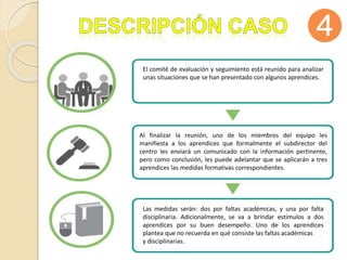 El comité de evaluación y seguimiento está reunido para analizar
unas situaciones que se han presentado con algunos aprendices.
Al finalizar la reunión, uno de los miembros del equipo les
manifiesta a los aprendices que formalmente el subdirector del
centro les enviará un comunicado con la información pertinente,
pero como conclusión, les puede adelantar que se aplicarán a tres
aprendices las medidas formativas correspondientes.
Las medidas serán: dos por faltas académicas, y una por falta
disciplinaria. Adicionalmente, se va a brindar estímulos a dos
aprendices por su buen desempeño. Uno de los aprendices
plantea que no recuerda en qué consiste las faltas académicas
y disciplinarias.
 