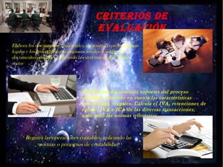 CRITERIOS DE
EvaluaCIón
Elabora los documentos comerciales, de acuerdo con las normas
legales y los procedimientos organizacionales. Codifica los
documentos contables, aplicando la estructura de P.U.C del
sector
Elabora los documentos soportes del proceso
contable, teniendo en cuenta las características
comerciales y legales. Calcula el IVA, retenciones de
fuente, IVA e ICA de las diversas transacciones,
aplicando las normas tributarias.
Registra las operaciones contables, aplicando las
normas o principios de contabilidad
 