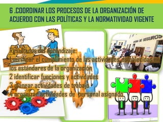 6 .COORDINAR LOS PROCESOS DE LA ORGANIZACIÓN DE
ACUERDO CON LAS POLÍTICAS Y LA NORMATIVIDAD VIGENTE
 