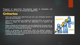 Preparar al deportista físicamente según la disciplina y/o
modalidad en el nivel de formación deportiva:
Criterios
 Valora las instalaciones deportivas que van a ser utilizadas durante la
ejecución del programa.
 Selecciona las pruebas que evalúan la condición física, de acuerdo al
género y etapas de desarrollo del deportista y al objetivo del
diagnóstico.
 Planea unidades de entrenamiento con sus respectivos recursos físicos,
didácticos humanos y económicos para el desarrollo del programa según
los objetivos y contenidos del programa
 Diseña el programa de preparación física de manera manual y
sistematizada de acuerdo con la información obtenida del diagnóstico
realizado al deportista, contemplando los objetivos, contenidos, medios
y métodos de entrenamiento.
 