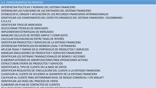 3.2. CONOCIMIENTOS DE PROCESO
INTERPRETAR POLÍTICAS Y NORMAS DEL SISTEMA FINANCIERO
DIFERENCIAR LAS FUNCIONES DE LAS ENTIDADES DEL SISTEMA FINANCIERO
ESTABLECER EL ORIGEN Y APLICACIÓN DE LOS RECURSOS FINANCIEROS INTERNACIONALES
IDENTIFICAR LOS COMPONENTES DEL ESTATUTO ORGÁNICO DEL SISTEMA FINANCIERO- COLOMBIANO -
E.O.S.F.C
IDENTIFICAR TIPOS DE MERCADOS
SELECCIONAR TÉCNICAS DE MERCADEO
IMPLEMENTAR ESTRATEGIAS DE MERCADEO
MANEJAR CÁLCULOS DE INTERÉS SIMPLE Y COMPUESTO
CALCULAR EQUIVALENCIAS ENTRE TASAS DE INTERÉS
IDENTIFICAR PRODUCTOS Y SERVICIOS DE LA ENTIDAD FINANCIERA
DIFERENCIAR PORTAFOLIOS EN MONEDA LEGAL Y EXTRANJERA
APLICAR TASAS Y TARIFAS EN EL PORTAFOLIO DE PRODUCTOS Y SERVICIOS
MANEJAR SIMULADORES DE PRODUCTOS Y SERVICIOS FINANCIEROS
IDENTIFICAR LOS SISTEMAS TRANSACCIONALES DE BONOS Y ACCIONES
ELABORAR SISTEMAS DE AMORTIZACIONES PARA OPERACIONES ACTIVAS
ESTRUCTURAR OFERTA DE PRODUCTOS Y SERVICIOS
IDENTIFICAR EL TIPO DE CLIENTE EN LA BASE DE DATOS
IDENTIFICAR REQUISITOS DE VINCULACIÓN DEL CLIENTE A LA ENTIDAD FINANCIERA
CLASIFICAR AL CLIENTE DE ACUERDO AL SEGMENTO DE LA ENTIDAD FINANCIERA
CALIFICAR AL CLIENTE PARA DETERMINAR NIVEL DE RIESGO COMERCIAL Y EN SARLAFT
IDENTIFICAR LAS FASES DEL PROCESO DE VENTA
ELABORAR UN PLAN DE CONTACTOS DE CLIENTES
 