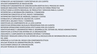 ESTABLECER LAS NECESIDADES Y EXPECTATIVAS DE LOS CLIENTES
APLICAR FUNDAMENTOS DE NEGOCIACIÓN
ESTABLECER FUNDAMENTOS DE COMUNICACIÓN ASERTIVA EN EL PROCESO DE VENTA
MANEJAR OBJECIONES PRESENTADAS POR LOS CLIENTES EN FORMA PROACTIVA
ESTRUCTURAR LA OFERTA INDIVIDUAL DE PRODUCTOS Y SERVICIOS PARA EL CLIENTE
INTERPRETAR LA INFORMACIÓN COMERCIAL Y FINANCIERA
INTERPRETAR CONCEPTOS ACTIVO, PASIVO Y PATRIMONIO
INTERPRETAR CONCEPTOS DE INGRESOS, EGRESOS Y COSTOS
ESTABLECER LA CAPACIDAD DE LIQUIDEZ DEL CLIENTE
VERIFICAR EL BALANCE FISCAL Y COMERCIAL
IDENTIFICAR LOS COMPONENTES DE LA LISTA CLINTON
IDENTIFICAR OPERACIONES INUSUALES PRESENTADAS POR LOS CLIENTES
REPORTAR OPERACIONES SOSPECHOSAS EFECTUADAS POR LOS CLIENTES
IDENTIFICAR BASES Y LINEAMIENTOS PARA EL DESARROLLO DEL SISTEMA DEL RIESGO ADMINISTRATIVO
IDENTIFICAR LA ESTRUCTURA INTERNA DE LA ORGANIZACIÓN
ASEGURAR EL CUMPLIMIENTO DE NORMAS INTERNAS Y EXTERNAS
PREVENIR Y RESOLVER CONFLICTOS DE INTERÉS EN LA RECOLECCIÓN DE INFORMACIÓN EN LAS ETAPAS
DEL SARO
APROPIAR LA CULTURA DEL RIESGO CON COMPONENTES ÉTICOS
APLICAR TÉCNICAS DE ADMINISTRACIÓN DEL TIEMPO.
SELECCIONAR CANALES DE COMUNICACIÓN.
APLICAR TÉCNICAS DE COMUNICACIÓN
 