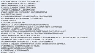 REALIZAR ARQUEOS DE EFECTIVO Y TÍTULOS VALORES
IDENTIFICAR LA AUTENTICIDAD DE LOS BILLETES
IDENTIFICAR LA CLASIFICACIÓN DE LOS BILLETES
REALIZAR EL CUADRE DE CAJEROS AUTOMÁTICOS
FAJAR LOS BILLETES SEGÚN LA DENOMINACIÓN
UTILIZAR EQUIPOS PARA VERIFICACIÓN Y CONTEO DEL EFECTIVO
CLASIFICAR TÍTULOS VALORES
APLICAR EL DEBIDO PROCESO EN LA REPOSICIÓN DE TÍTULOS VALORES
APLICAR PRUEBA DE AUTENTICIDAD EN TÍTULOS VALORES
VERIFICAR ENDOSOS
REALIZAR PROCESO DE VISACIÒN
DIFERENCIAR LAS OPERACIONES DERIVADAS DEL DINERO PLÁSTICO
IDENTIFICAR TIPOS DE OPERACIONES QUE SE REALIZAN POR MEDIOS ELECTRÓNICOS
GUARDAR EN LOS COFRES LA PAPELERÍA DE CONTROL
MANTENER EN FORMA SEGURA LAS HERRAMIENTAS DE TRABAJO: CLAVES, SELLOS, LLAVES
SITUAR EN DECEVAL Y DCV EN CUSTODIA LOS TÍTULOS VALORES DESMATERIALIZADOS
IDENTIFICAR LA APLICABILIDAD DE CADA TIPO DE SELLO
VERIFICAR LA AUTENTICIDAD Y EXACTITUD DE LAS CIFRAS REGISTRADAS EN LOS DOCUMENTOS Y EL EFECTIVO RECIBIDO.
MANTENER LOS TOPES ESTABLECIDOS DE EFECTIVO EN CAJA Y BÓVEDA
APLICAR NORMAS DE SEGURIDAD PARA EL RECIBO Y ENVÍO DE REMESAS
VERIFICAR EL ARQUEO DE EFECTIVO Y TÍTULOS VALORES CON LOS REGISTROS CONTABLES.
APLICAR TÉCNICAS DE ADMINISTRACIÓN DEL TIEMPO.
SELECCIONAR CANALES DE COMUNICACIÓN.
APLICAR TÉCNICAS DE COMUNICACIÓN
ATENDER CLIENTES
 