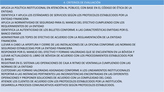 4. CRITERIOS DE EVALUACIÓN
APLICA LA POLÍTICA INSTITUCIONAL EN ATENCIÓN AL PÚBLICO, CON BASE EN EL CÓDIGO DE ÉTICA DE LA
ENTIDAD.
IDENTIFICA Y APLICA LOS ESTÁNDARES DE SERVICIOS SEGÚN LOS PROTOCOLOS ESTABLECIDOS POR LA
ENTIDAD FINANCIERA
APLICA LA NORMATIVIDAD DE SEGURIDAD PARA EL MANEJO DEL EFECTIVO CUMPLIENDO CON LOS
REQUERIMIENTOS DE LA ENTIDAD
IDENTIFICA LA AUTENTICIDAD DE LOS BILLETES CONFORME A LAS CARACTERÍSTICAS EMITIDAS POR EL
BANCO EMISOR
ADMINISTRAR LOS TOPES DE EFECTIVO DE ACUERDO CON LA REGLAMENTACIÓN DE LA ENTIDAD
FINANCIERA
LLEVAR A CABO LA APERTURA Y CIERRE DE LAS INSTALACIONES DE LA OFICINA CONFORME LAS NORMAS DE
SEGURIDAD ESTABLECIDAS POR LA ENTIDAD FINANCIERA
RESPONDER POR EL MANEJO DEL EFECTIVO Y FORMAS VALORADAS QUE SE ENCUENTREN EN LA BÓVEDA Y
LLEVAR ACTUALIZADO EL LIBRO DE BÓVEDA DE ACUERDO CON LOS PROCEDIMIENTOS ESTABLECIDOS POR
EL BANCO
REGISTRAR EN EL SISTEMA LAS OPERACIONES DE CAJA A RITMO DE VENTANILLA CUMPLIENDO CON LAS
NORMAS DE LA ENTIDAD
CUSTODIAR LAS FORMAS VALORADAS ASIGNADAS CONFORME A LOS LINEAMIENTOS INSTITUCIONALES
REPORTAR A LAS INSTANCIAS PERTINENTES LAS INCONSISTENCIAS ENCONTRADAS EN LAS DIFERENTES
OPERACIONES Y PROPONER SOLUCIONES DE ACUERDO CON LA COMPLEJIDAD DEL CASO.
ATIENDE LOS CLIENTES DE ACUERDO CON LOS PROTOCOLOS ESTABLECIDOS POR LA INSTITUCIÓN.
DESARROLLA PROCESOS COMUNICATIVOS ASERTIVOS SEGÚN PROTOCOLOS ESTABLECIDOS.
 