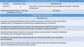 1. CONTENIDOS CURRICULARES DE LA COMPETENCIA
CÓDIGO: VERSIÓN DE LA NCL DENOMINACIÓN
210301017 2 VINCULAR AL CLIENTE DE ACUERDO CON LAS NORMAS INTERNAS Y EXTERNAS
ESTABLECIDAS
DURACIÓN ESTIMADA PARA EL LOGRO DEL
APRENDIZAJE (en horas)
150 HORAS
2. RESULTADOS DE APRENDIZAJE
DENOMINACIÓN
REALIZAR LOS PROCESOS REQUERIDOS PARA LA CONSTITUCIÓN DE LOS PRODUCTOS DE CAPTACIÓN EN
MONEDA LEGAL Y EXTRANJERA DE ACUERDO CON LA NORMATIVIDAD DE LA ENTIDAD.
DESARROLLAR LOS PROCESOS PARA EL TRÁMITE DE OPERACIONES DE CRÉDITO EN MONEDA LEGAL Y
EXTRANJERA CUMPLIENDO CON LAS POLÍTICAS INSTITUCIONALES Y NORMAS EXTERNAS.
APLICAR LOS PROCESOS DE TRÁMITE DE LAS SOLICITUDES DE CADA PRODUCTO Y SERVICIO FINANCIERO
DE ACUERDO CON LAS NORMAS INSTITUCIONALES.
TRAMITAR LA DOCUMENTACIÓN SUMINISTRADA POR EL CLIENTE DE ACUERDO CON LAS NORMAS
INSTITUCIONALES
APLICAR LOS PROCESOS ESTABLECIDOS PARA LA PRESTACIÓN DE SERVICIOS FINANCIEROS EN MONEDA
LEGAL Y EXTRANJERA SEGÚN POLÍTICA INSTITUCIONAL.
 