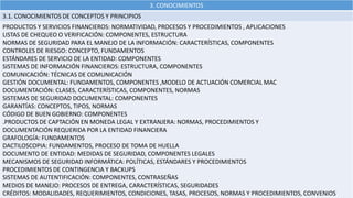 3. CONOCIMIENTOS
3.1. CONOCIMIENTOS DE CONCEPTOS Y PRINCIPIOS
PRODUCTOS Y SERVICIOS FINANCIEROS: NORMATIVIDAD, PROCESOS Y PROCEDIMIENTOS , APLICACIONES
LISTAS DE CHEQUEO O VERIFICACIÓN: COMPONENTES, ESTRUCTURA
NORMAS DE SEGURIDAD PARA EL MANEJO DE LA INFORMACIÓN: CARACTERÍSTICAS, COMPONENTES
CONTROLES DE RIESGO: CONCEPTO, FUNDAMENTOS
ESTÁNDARES DE SERVICIO DE LA ENTIDAD: COMPONENTES
SISTEMAS DE INFORMACIÓN FINANCIEROS: ESTRUCTURA, COMPONENTES
COMUNICACIÓN: TÉCNICAS DE COMUNICACIÓN
GESTIÓN DOCUMENTAL: FUNDAMENTOS, COMPONENTES ,MODELO DE ACTUACIÓN COMERCIAL MAC
DOCUMENTACIÓN: CLASES, CARACTERÍSTICAS, COMPONENTES, NORMAS
SISTEMAS DE SEGURIDAD DOCUMENTAL: COMPONENTES
GARANTÍAS: CONCEPTOS, TIPOS, NORMAS
CÓDIGO DE BUEN GOBIERNO: COMPONENTES
.PRODUCTOS DE CAPTACIÓN EN MONEDA LEGAL Y EXTRANJERA: NORMAS, PROCEDIMIENTOS Y
DOCUMENTACIÓN REQUERIDA POR LA ENTIDAD FINANCIERA
GRAFOLOGÍA: FUNDAMENTOS
DACTILOSCOPIA: FUNDAMENTOS, PROCESO DE TOMA DE HUELLA
DOCUMENTO DE ENTIDAD: MEDIDAS DE SEGURIDAD, COMPONENTES LEGALES
MECANISMOS DE SEGURIDAD INFORMÁTICA: POLÍTICAS, ESTÁNDARES Y PROCEDIMIENTOS
PROCEDIMIENTOS DE CONTINGENCIA Y BACKUPS
SISTEMAS DE AUTENTIFICACIÓN: COMPONENTES, CONTRASEÑAS
MEDIOS DE MANEJO: PROCESOS DE ENTREGA, CARACTERÍSTICAS, SEGURIDADES
CRÉDITOS: MODALIDADES, REQUERIMIENTOS, CONDICIONES, TASAS, PROCESOS, NORMAS Y PROCEDIMIENTOS, CONVENIOS
 
