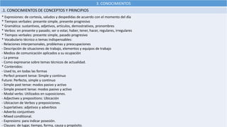 3. CONOCIMIENTOS
.1. CONOCIMIENTOS DE CONCEPTOS Y PRINCIPIOS
* Expresiones: de cortesía, saludos y despedidas de acuerdo con el momento del día
* Tiempos verbales: presente simple, presente progresivo
* Gramática: sustantivos, adjetivos, artículos, demostrativos, pronombres
* Verbos: en presente y pasado; ser o estar, haber, tener, hacer, regulares, irregulares
* Tiempos verbales: presente simple, pasado progresivo
* Vocabulario técnico o temas indispensables:
- Relaciones interpersonales, problemas y preocupaciones
- Descripción de situaciones de trabajo, elementos y equipos de trabajo
- Medios de comunicación aplicados a su ocupación
- La prensa
- Como expresarse sobre temas técnicos de actualidad.
* Contenidos:
- Used to, en todas las formas
- Perfect present tense: Simple y continuo
Future: Perfecto, simple y continuo
- Simple past tense: modos pasivo y activo
- Simple present tense: modos pasivo y activo
- Modal verbs: Utilizados en suposiciones.
- Adjectives y prepositions: Ubicación
- Ubicacion de Verbos y preposiciones.
- Superlatives: adjetivos y adverbios
- Adverbs conjuntives
- Mixed conditional.
- Expresions: para indicar posesión.
- Clauses: de lugar, tiempo, forma, causa y propósito.
 