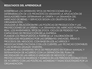 RESULTADOS DEL APRENDIZAJE
INTERPRETAR LOS DIFERENTES TIPOS DE PROYECCIONES EN LA
DETERMINACIÓN DE LOS PRONÓSTICOS MEDIANTE LA APLICACIÓN DE
SIMULADORES PARA DETERMINAR LA OFERTA Y LA DEMANDA DEL
MERCADO DE BIENES Y SERVICIOS SEGÚN LOS OBJETIVOS DE LA
ORGANIZACIÓN.
ANALIZAR LA RELACIÓN ENTRE LAS POLÍTICAS DE PRODUCCIÓN Y LAS
PROYECCIONES DE LA OFERTA Y LA DEMANDA DEL MERCADO POTENCIAL,
REAL, LOS INVENTARIOS, TIPOS DE STOCK, CICLOS DE PEDIDOS Y LA
CAPACIDAD DE PRODUCCIÓN DE LA EMPRESA
PLANEAR LOS PRESUPUESTOS A PARTIR DE LA VALORACIÓN DE
NECESIDADES REQUERIDAS POR LAS DIFERENTES UNIDADES, ÁREAS O
PROCESOS DEL NEGOCIO. CON BASE EN LOS ACUERDOS Y
NEGOCIACIONES PACTADA CON LOS CLIENTES, LAS TÉCNICAS CONTABLES
Y LAS NORMAS LEGALES VIGENTES.
ELABORAR LOS DIFERENTES TIPOS DE PRESUPUESTO EN FORMA MANUAL Y
SISTEMATIZADA DE ACUERDO CON LA DEFINICIÓN DEL PLAN DE
NECESIDADES DE LAS ÁREAS O UNIDADES DE NEGOCIO Y LAS
PROYECCIONES DE INGRESOS Y EGRESOS EN LOS PERIODOS ESTABLECIDOS
DE ACUERDO CON LAS POLÍTICAS, MONEDAS Y TASAS SOLICITADAS POR LA
ORGANIZACIÓN.
 