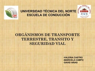 ORGÁNISMOS DE TRANSPORTE
TERRESTRE, TRANSITO Y
SEGURIDAD VIAL
1
-VALERIA CASTRO
-MARICELA CAMPO
-DAVID ARIAS
UNIVERSIDAD TÉCNICA DEL NORTE
ESCUELA DE CONDUCCIÓN
 