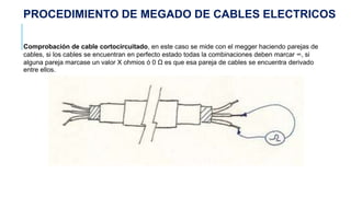 Comprobación de cable cortocircuitado, en este caso se mide con el megger haciendo parejas de
cables, si los cables se encuentran en perfecto estado todas la combinaciones deben marcar ∞, si
alguna pareja marcase un valor X ohmios ó 0 Ω es que esa pareja de cables se encuentra derivado
entre ellos.
PROCEDIMIENTO DE MEGADO DE CABLES ELECTRICOS
 