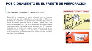 UBICAR ADECUADAMENTE EL CABLE ELECTRICO
Siguiendo la secuencia el cable eléctrico con o energía,
considerando que los jumbos llevan un promedio de 80 metros
de cable en su carrete, y que al ser desenrollados se extienden
desde el tablero principal hasta el frente, quiere decir que
tenemos cable extendido, por tanto la recomendación es que este
cable debe estar suspendido sobre alcayatas y/o “S” evitando
contacto con el suelo que muchas veces esta húmedo y con
empozamientos de agua, es un alto riesgo mantenerlo sobre
estas condiciones, pudiendo ocasionar cortos circuitos e incluso
electrocución a personas.
POSICIONAMIENTO EN EL FRENTE DE PERFORACIÓN
 