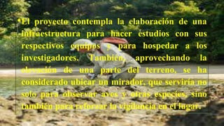 •El proyecto contempla la elaboración de una
infraestructura para hacer estudios con sus
respectivos equipos y para hospedar a los
investigadores. También, aprovechando la
elevación de una parte del terreno, se ha
considerado ubicar un mirador, que serviría no
solo para observar aves y otras especies, sino
también para reforzar la vigilancia en el lugar.
 