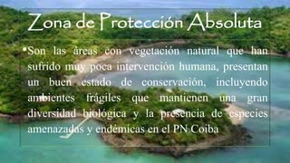 Zona de Protección Absoluta
•Son las áreas con vegetación natural que han
sufrido muy poca intervención humana, presentan
un buen estado de conservación, incluyendo
ambientes frágiles que mantienen una gran
diversidad biológica y la presencia de especies
amenazadas y endémicas en el PN Coiba
 