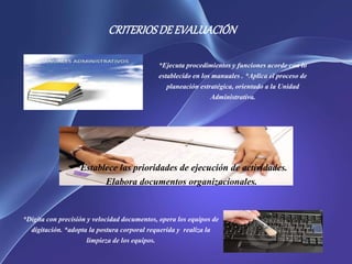 CRITERIOSDE EVALUACIÓN
*Ejecuta procedimientos y funciones acorde con lo
establecido en los manuales . *Aplica el proceso de
planeación estratégica, orientado a la Unidad
Administrativa.
*Establece las prioridades de ejecución de actividades.
Elabora documentos organizacionales.
*Digita con precisión y velocidad documentos, opera los equipos de
digitación. *adopta la postura corporal requerida y realiza la
limpieza de los equipos.
 