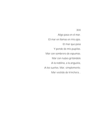 XIII
Algo pasa en el mar.
El mar en llamas en mis ojos.
El mar que pasa
Y pende de mis pupilas.
Mar con sombrero de espumas.
Mar con nubes gritándole
A la neblina, a la angustia,
A los sueños. Mar, simplemente.
Mar vestido de trinchera...
 