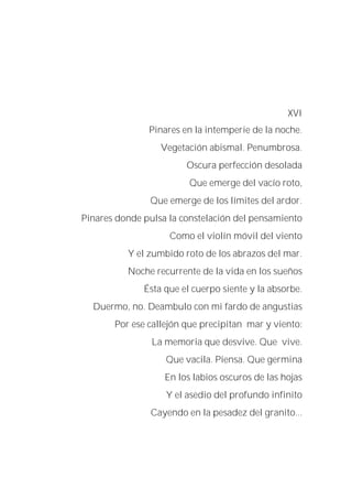 XVI
Pinares en la intemperie de la noche.
Vegetación abismal. Penumbrosa.
Oscura perfección desolada
Que emerge del vacío roto,
Que emerge de los límites del ardor.
Pinares donde pulsa la constelación del pensamiento
Como el violín móvil del viento
Y el zumbido roto de los abrazos del mar.
Noche recurrente de la vida en los sueños
Ésta que el cuerpo siente y la absorbe.
Duermo, no. Deambulo con mi fardo de angustias
Por ese callejón que precipitan mar y viento:
La memoria que desvive. Que vive.
Que vacila. Piensa. Que germina
En los labios oscuros de las hojas
Y el asedio del profundo infinito
Cayendo en la pesadez del granito...
 