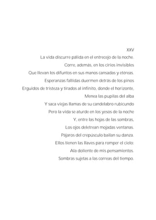 XXV
La vida discurre pálida en el entrecejo de la noche.
Corre, además, en los cirios invisibles
Que llevan los difuntos en sus manos cansadas y etéreas.
Esperanzas fallidas duermen detrás de los pinos
Erguidos de tristeza y tirados al infinito, donde el horizonte,
Menea las pupilas del alba
Y saca viejas llamas de su candelabro rubicundo
Pero la vida se aturde en los yesos de la noche
Y, entre las hojas de las sombras,
Los ojos deletrean mojadas ventanas.
Pájaros del crepúsculo bailan su danza.
Ellos tienen las llaves para romper el cielo:
Ala doliente de mis pensamientos.
Sombras sujetas a las correas del tiempo.
 