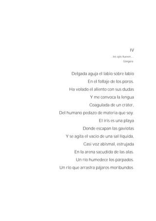 IV
...los ojos llueven,...
Góngora.
Delgada aguja el labio sobre labio
En el follaje de los poros.
Ha volado el aliento con sus dudas
Y me convoca la lengua
Coagulada de un cráter,
Del humano pedazo de materia que soy.
El iris es una playa
Donde escapan las gaviotas
Y se agita el vacío de una sal líquida,
Casi voz abismal, estrujada
En la arena sacudida de las alas.
Un río humedece los párpados.
Un río que arrastra pájaros moribundos.
 