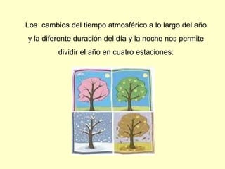 Los  cambios del tiempo atmosférico a lo largo del año y la diferente duración del día y la noche nos permite dividir el año en cuatro estaciones: 