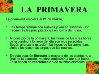 LA  PRIMAVERA La primavera empieza el  21 de marzo. Las  temperaturas  son  suaves  y van en ascenso. Son frecuentes las precipitaciones en forma de  lluvia . Al principio de la primavera, las horas de luz y las horas de oscuridad a lo largo del día son muy parecidas. Según avanza la estación, las horas de luz aumentan, siendo los días más largos que las noches. En esta ocasión  florecen  la mayoría de las plantas y, al final de la estación, muchas empiezan a dar sus frutos. Es la época de  reproducción  de muchos animales 