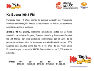 www.kebuenafm.com.mx Fundada hace 12 años, siendo la primera estación de Frecuencia Modulada en la Región. Desde su nacimiento, ha tenido una excelente aceptación entre el auditorio. XHMSN-FM   Ke Buena,  Transmite únicamente éxitos de la mejor selección de música Grupera, Texana, Norteña y Balada en Español las 24 Horas, con una audiencia conformada por el 72% de la población radioescucha, de los cuales son el 45% de Hombres,  55% Mujeres con Edades entre los 15 a 45 años de un Nivel Socio Económico que comprende ABCD. Transmitiendo con 3,000 watts de potencia. Ke Buena 100.1 FM Tarifas:   10”  20”   30”   40”   60” $180.00   $350.00   $510.00   $700.00  $1,020.00 