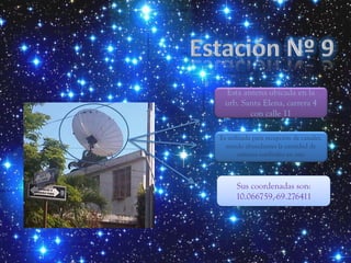 Esta antena ubicada en la
 urb. Santa Elena, carrera 4
        con calle 11

Es utilizada para recepción de canales,
  siendo abundantes la cantidad de
       antenas satelitales en este



      Sus coordenadas son:
      10.066759,-69.276411
 