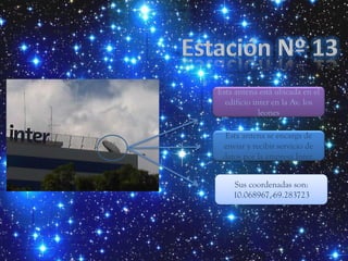 Esta antena está ubicada en el
  edificio inter en la Av. los
             leones

  Esta antena se encarga de
 enviar y recibir servicio de
 datos por la empresa Inter.


    Sus coordenadas son:
    10.068967,-69.283723
 