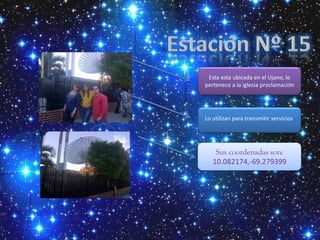 Esta esta ubicada en el Ujano, le
pertenece a la iglesia proclamación




Lo utilizan para transmitir servicios.




    Sus coordenadas son:
   10.082174,-69.279399
 