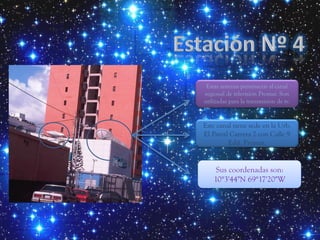 Estas antenas pertenecen al canal
regional de televisión Promar. Son
utilizadas para la transmisión de tv.

                  .
Este canal tiene sede en la Urb.
El Parral Carrera 2 con Calle 9
         Edif. Promar.


     Sus coordenadas son:
    10°3'44"N 69°17'20"W
 