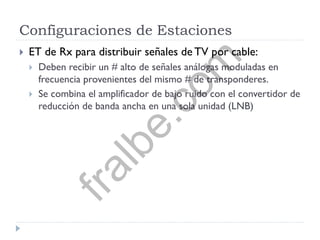 Configuraciones de Estaciones
 ET de Rx para distribuir señales de TV por cable:
 Deben recibir un # alto de señales análogas moduladas en
frecuencia provenientes del mismo # de transponderes.
 Se combina el amplificador de bajo ruido con el convertidor de
reducción de banda ancha en una sola unidad (LNB)
fralbe.com
 