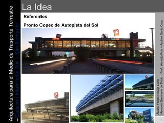 La Idea Referentes Pronto Copec de Autopista del Sol Álvaro  Felipe Espejo León  Memoria Seminario de Titulo  Prof.: Arnaldo Ruiz – Andrea Santa Cruz Arquitectura para el Medio de Trasporte Terrestre –  Estación Intermodal Sur – San Bernardo 
